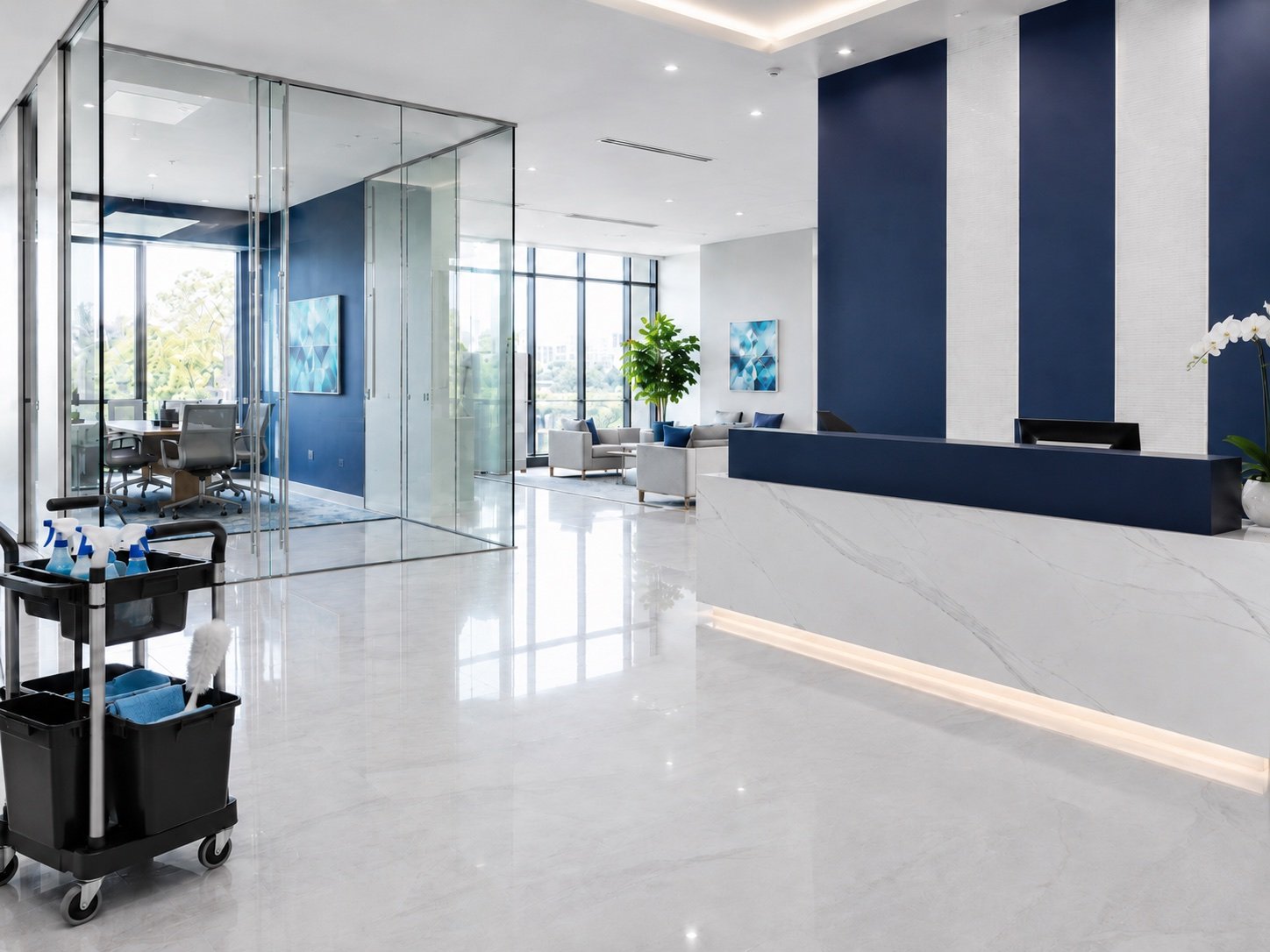Premium commercial reception area with professional cleaning equipment